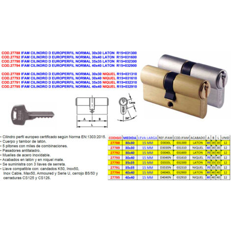 IFAM CILINDRO D EUROPERFIL NORMAL 30x40 NIQUEL R15=031610