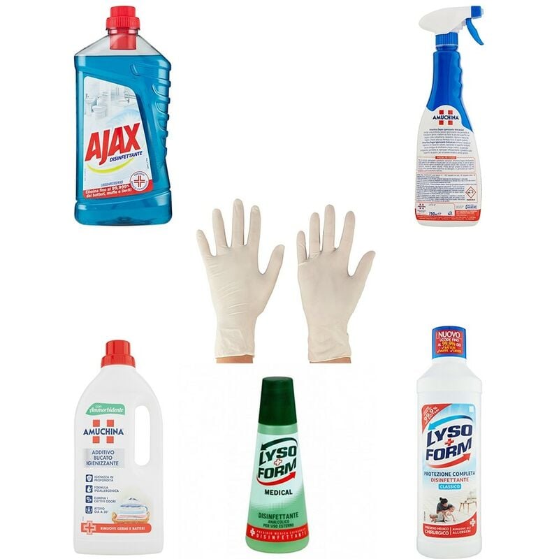 Image of Igienizzante disinfettante casa bagno bucato mani pavimento guanti in lattice 6 pezzi assortiti