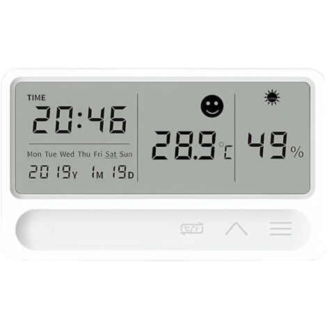 Igrometro e termometro digitale a LED per uso interno con orologio, data, sveglia, simboli climatici e di comfort e valori massimi/minimi. Adatto al montaggio a parete. Commutabile tra °C e °F.