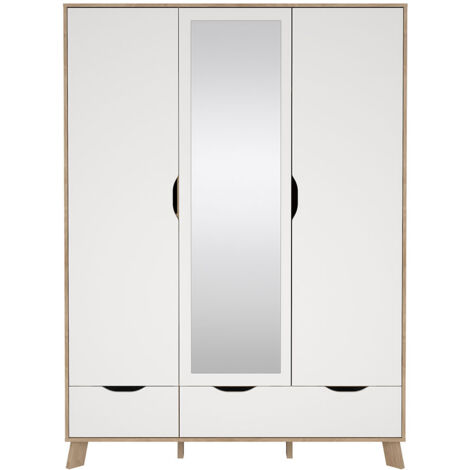 Ikast Kleiderschrank 201x148x58cm, 2 Türen, 1 Spiegeltür, 2 Schubladen Eichen-Dekor, weiß.