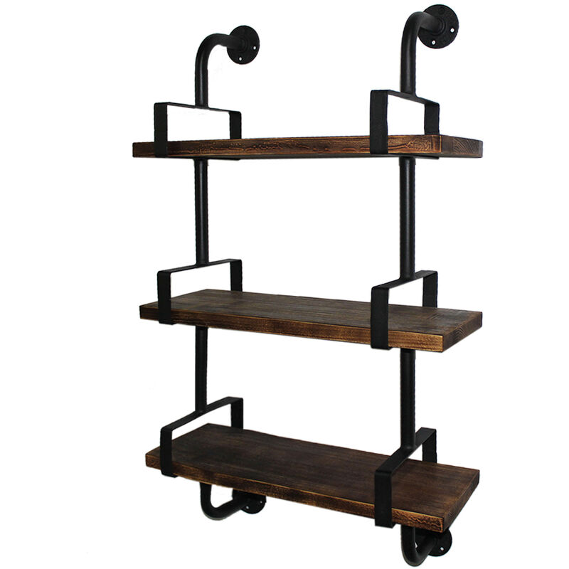 

iKayaa 3-Tier Estantes rustico hierro industrial pared de la tuberia W / tablones de madera DIY Escalera Biblioteca flotantes de almacenamiento