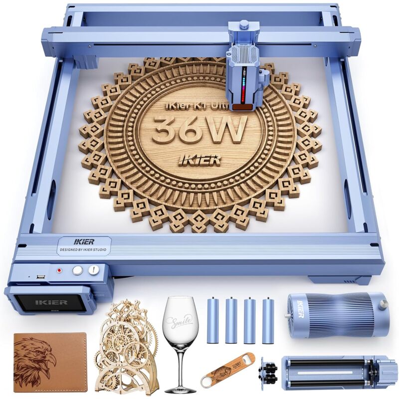 Atomstack - iKier K1 Ultra 36W Machine de graveur et découpe laser + Rouleau rotatif multifonction R1 + Boîte à fumée protection E1 pour graver