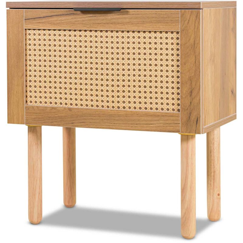 Ikki - Table de chevet en bois et rotin, 1 tiroir