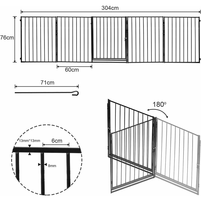 Barrière de protection de cheminée avec porte - 304 cm - En métal - 5 pièces - 60 x 75 cm - Noir GOL-7109-M1c - Ikodm