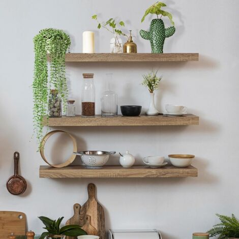 Ikodm – Étagère murale en bois massif – Lot de 3 – 40 cm x 15 cm – Supports invisibles en acier inoxydable – Charge jusqu'à 10 kg