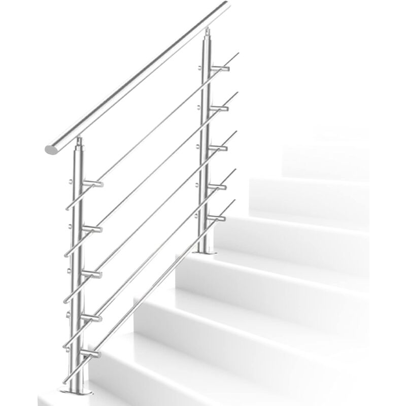 Rampe escalier Acier affiné inoxydable 5 traverses 150cm ø 42 mm, Mains Courantes à Angle Réglable, pour Intérieur Extérieur, Escaliers, Balustrade,