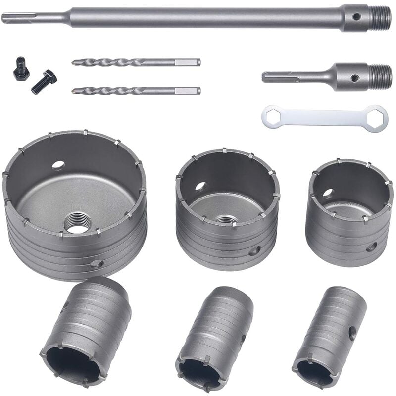 Ikodm - Scie à Cloche Trépan, Set de Scies Cloches, 10 pcs Trépan Béton sds Tige d'Extension Pointe en Carbure de Tungstène- Ø35mm, 40mm, 50mm, 65mm,