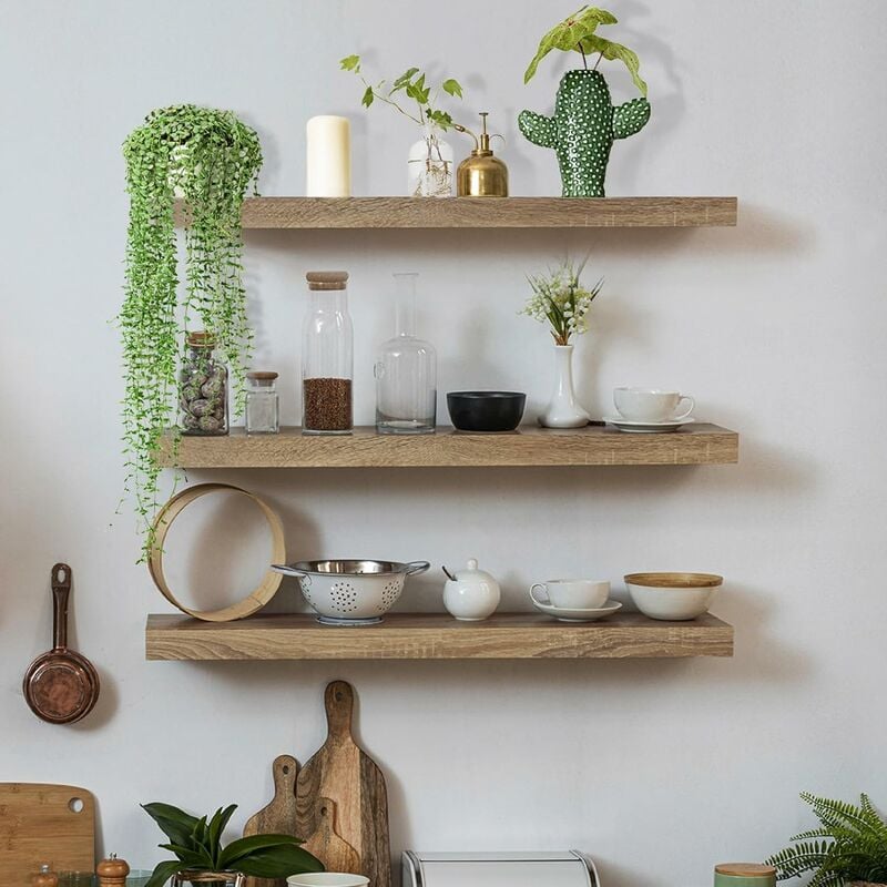 Ikodm - Etagere Murale Bois, Lot de 3 Étagère Murale 40 cm avec Supports Invisibles pour Chambre à Coucher, Cuisine, Salon, Bureau