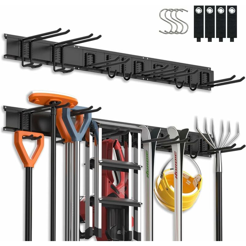 Ikodm - Porte Outils de Jardin Mural, Garage Support en Alliage d'Aluminium,3 Rails 10 Crochets avec 4 Crochet en S,4 sangles de rangement pour la