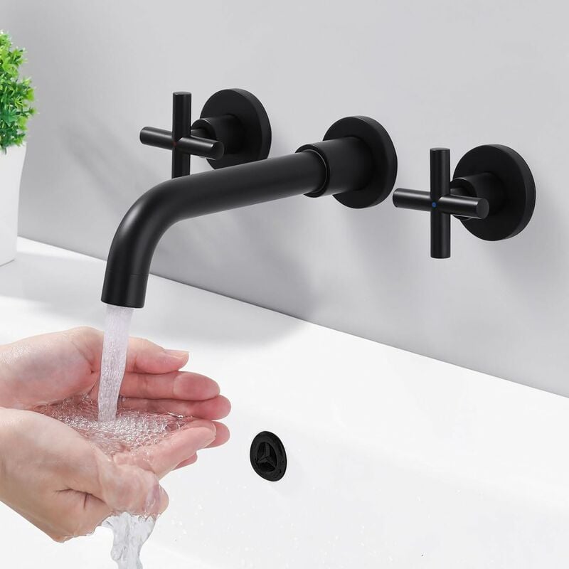 IkodmRobinet de Lavabo Mural, Rotatif à 360°, Double Poignée Contrôle, 3 Trous de Montage Mural Encastré, Robinets de lavabo Salle de Bains pour