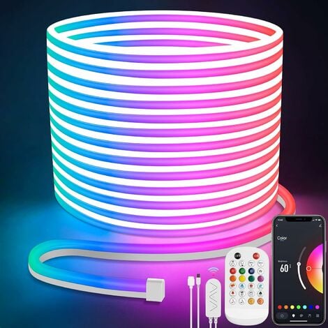 IkodmRuban Led 10m, RGB Multicolore App Contrôle Neon Bande Led, 24V Flexible Étanche Découpable Synchronisation Musicale Bandeau Lumineuse Led pour Intérieur Déco [Classe énergétique D]