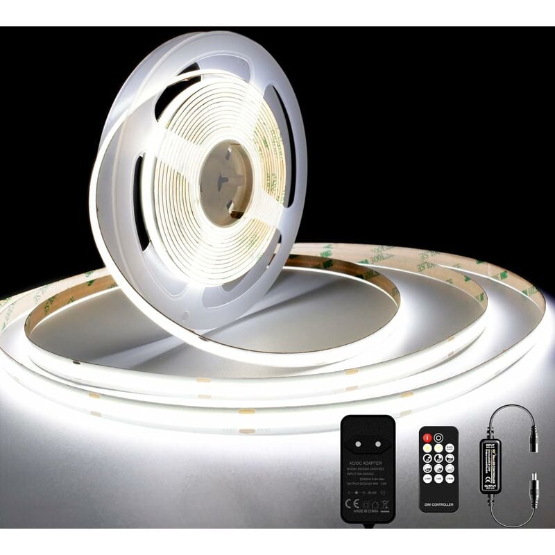 Ruban led cob 6000K, 10M DC24V Bande lumineuse led Blanc Froid avec Alimentation et télécommande, 384LEDs/M, cri 93+, largeur 8mm, Bande lumineuse