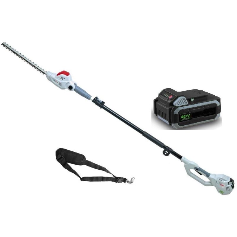 IKRA Taille Haie sur perche t&eacute;lescopique 40V - Lame de 43cm -Batterie Lithium 2,5Ah + Chargeur Led 40V - Sangle d'&eacute;paule 