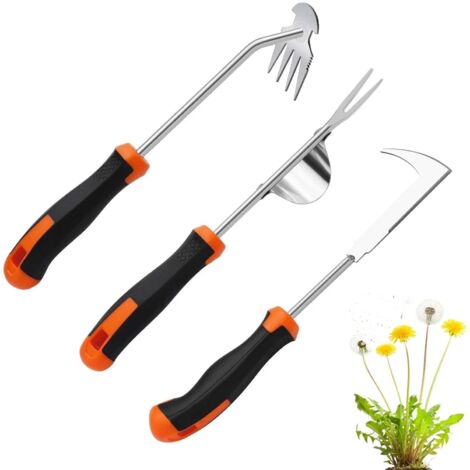 Il set di attrezzi per diserbo composto da tre pezzi include un tagliaerba seghettato in acciaio inossidabile, un tagliaerba e un uncino per diserbo.