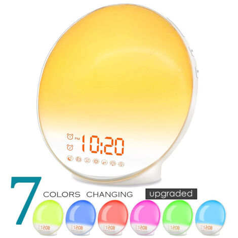Il simule le lever et le coucher du soleil pour vous réveiller, dispose d'une veilleuse de chevet pour vous accompagner pendant votre sommeil et d'un réveil LED coloré.