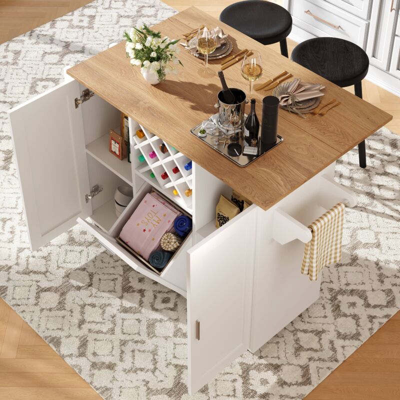 Île de cuisine avec clôture amovible, armoire de cuisine, chariot à repas avec plan de travail, buffet, chariot à repas avec lamellage en bois,