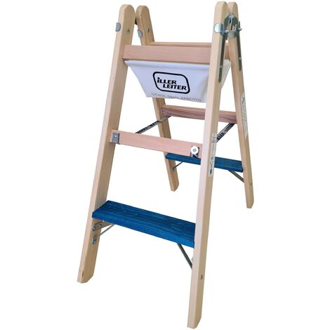 Iller Holz Stufenstehleiter ERGO Plus inkl. Werkzeugtasche und Eimerhaken 2x3 Stufen 2,26m AH
