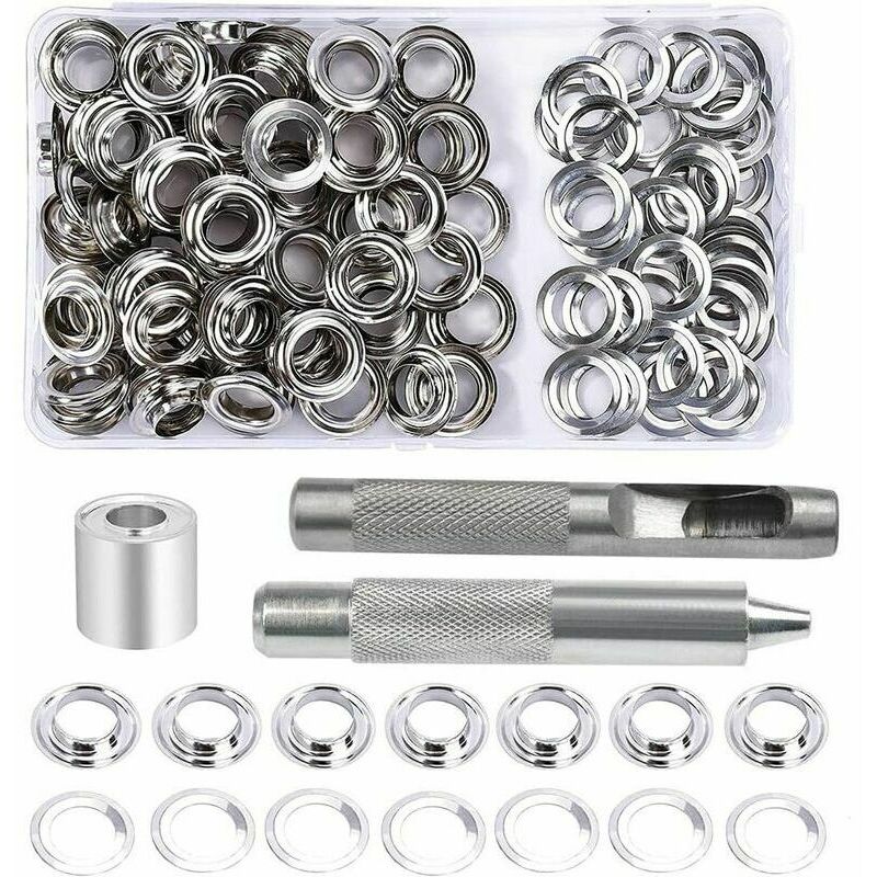 TONCHEAN Œillet auto-perforant et accessoire de bâche,Oeillets Kit d'oeillets, 100 ensembles d'oeillets de 12 mm, kit de réparation de bâche, avec 3