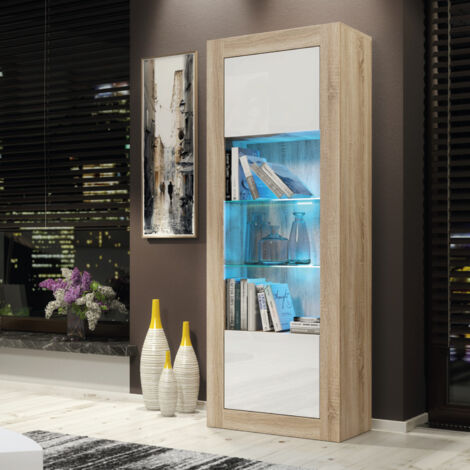 Illume Display Cabinet - Oak with White Gloss Doors & LED - 170cm
