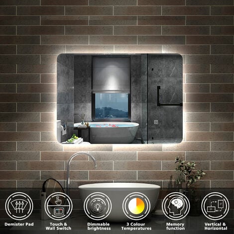 ACEZANBLE Illuminated Led Bathroom Mirror with Demister Pad Backlit Wall Mounted,Touch Switch Wall Switch 3 Colors Dimmable Brightness Memory Function Vertical/Horizontal 500x700mm