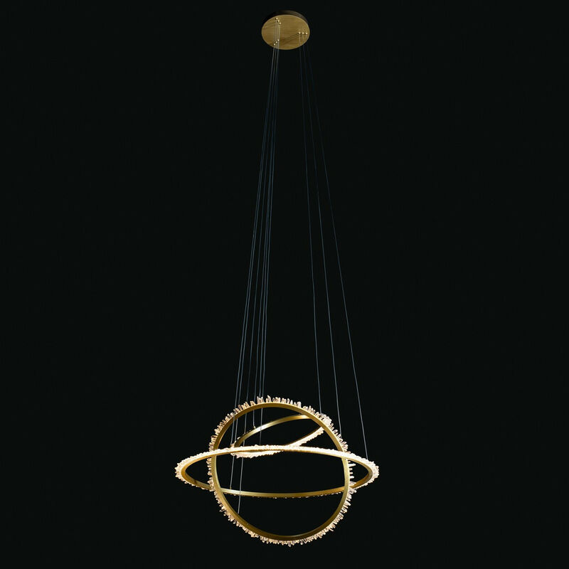 Illuminati Quartz Suspension Halo Triple Ring led Or Satiné 3000K, Cristal de Roche