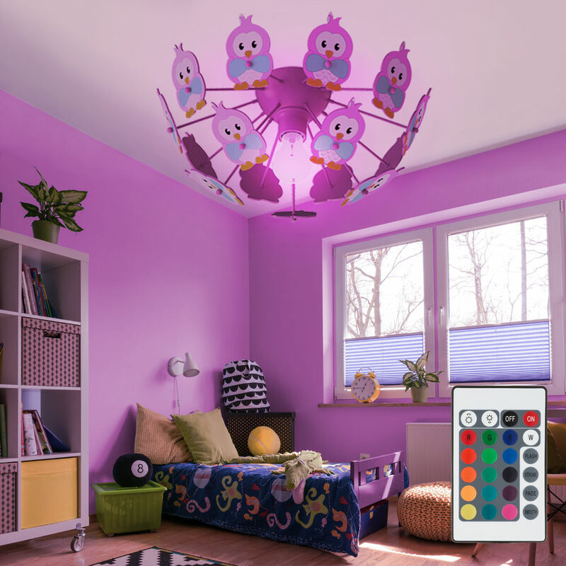 Image of Luce per bambini dimmerabile con telecomando lampada da soffitto per bambini lampada led per bambini rosa, cambio colore rgb, gufi, legno metallo,