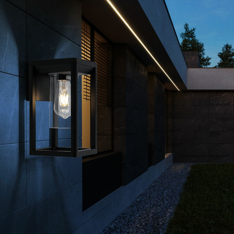 Image of Illuminazione esterna Lampada da parete per balcone da esterno E27 Lampada da patio da parete per esterni, alluminio nero, trasparente, 1x E27, LxLxH