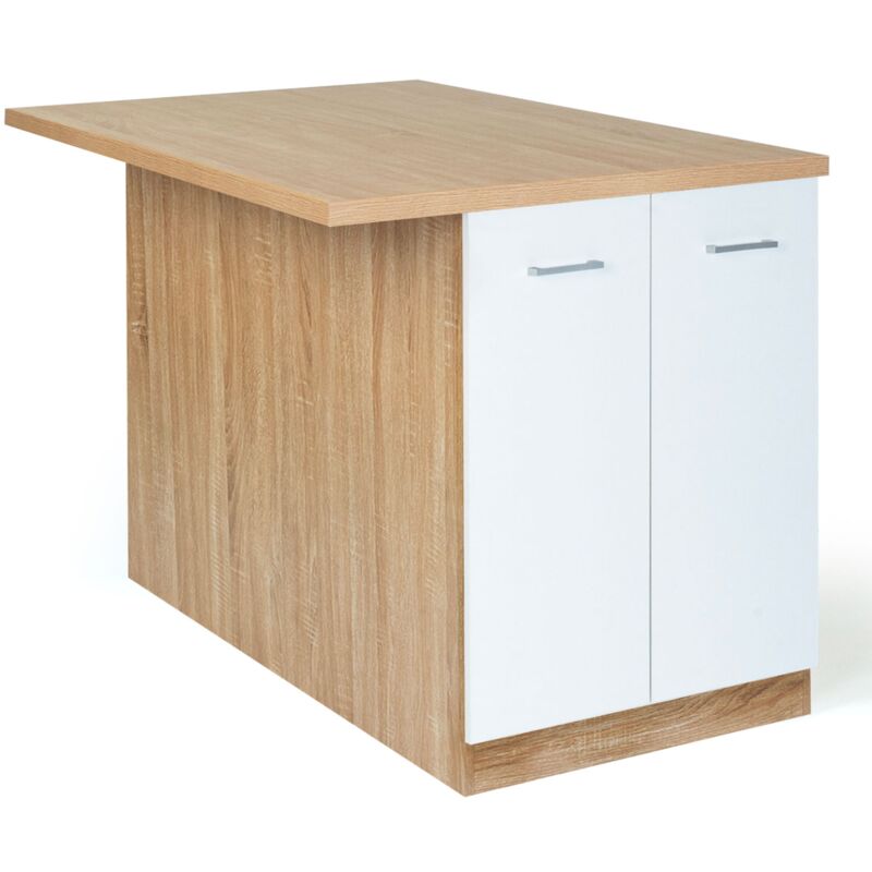 Ilot central ivo 120 cm bois façon hêtre portes blanches avec plan de travail