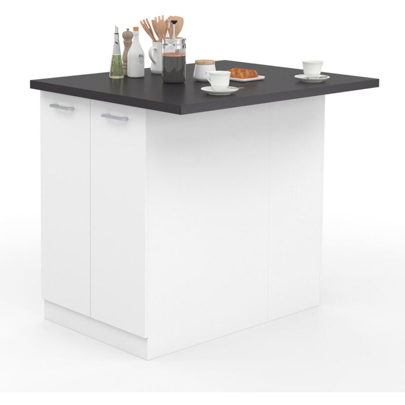 Ilot central ivo 120 cm blanc avec plan de travail gris anthracite