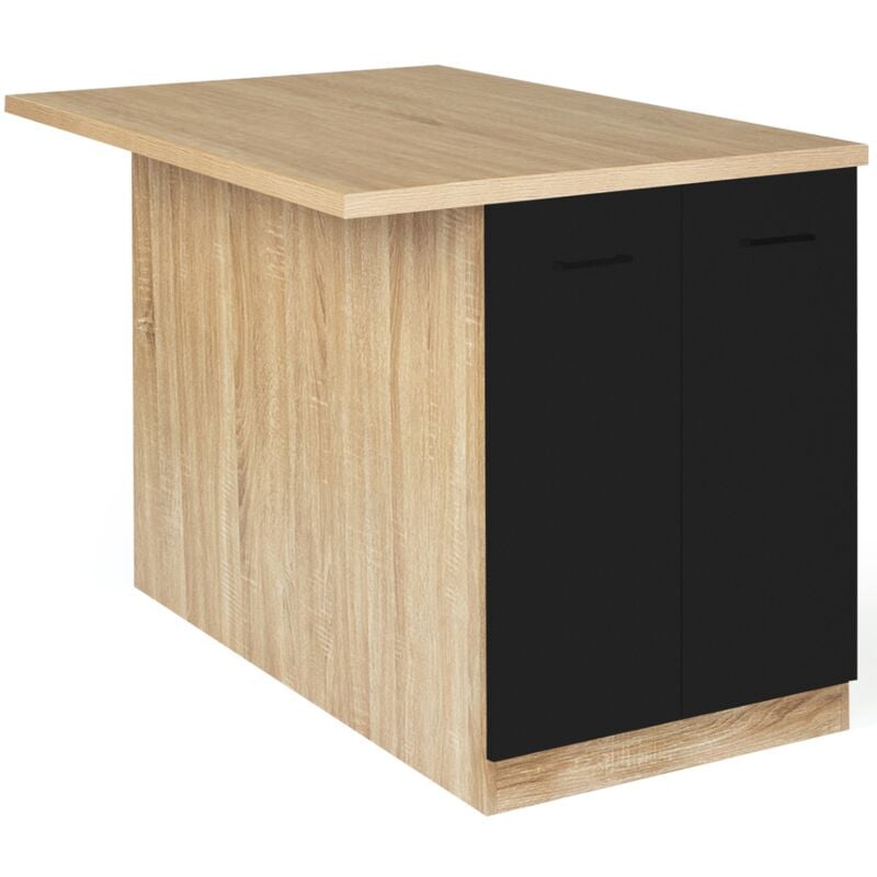 Ilot central ivo 120 cm bois façon hêtre portes noires avec plan de travail