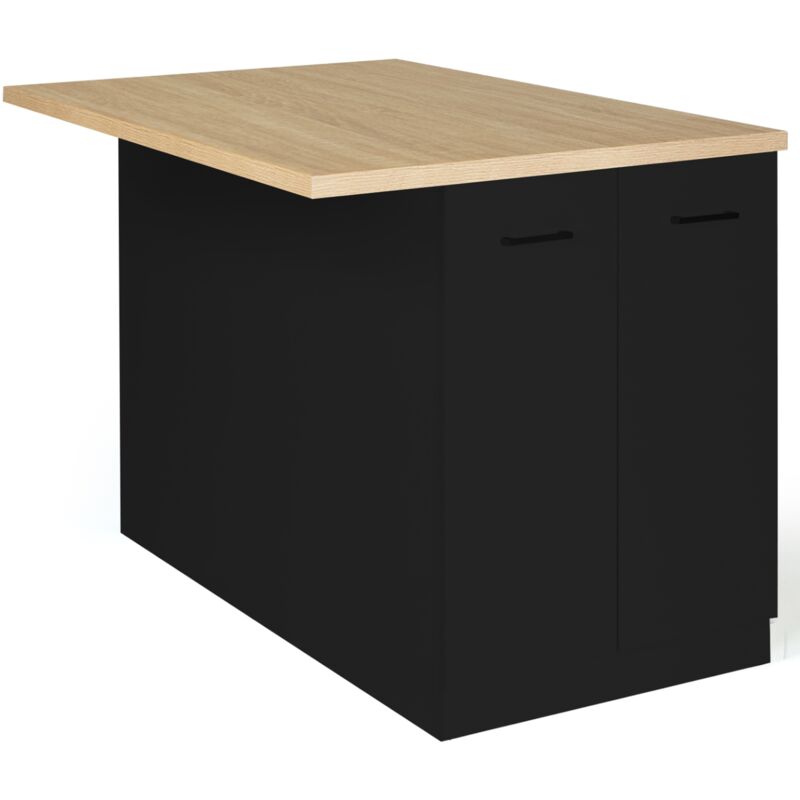 Ilot central ivo 120 cm bois noir avec plan de travail façon hêtre