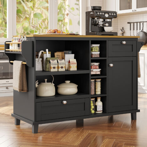 Îlot central à roulettes - 2 tiroirs et plan de travail brun clair - desserte de cuisine MDF noir - 129x46x92 cm