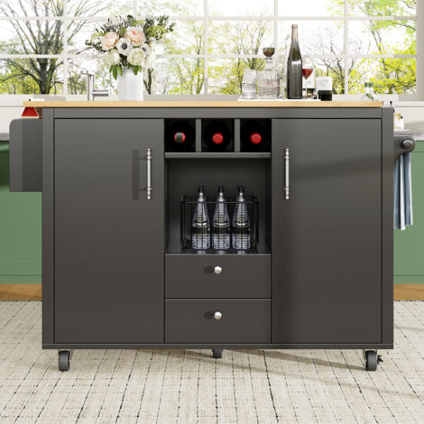 Îlot central à roulettes extensible desserte de cuisine avec 2 tiroirs et casier à vin - noir MDF 137,9x(45-73)X92,2 cm