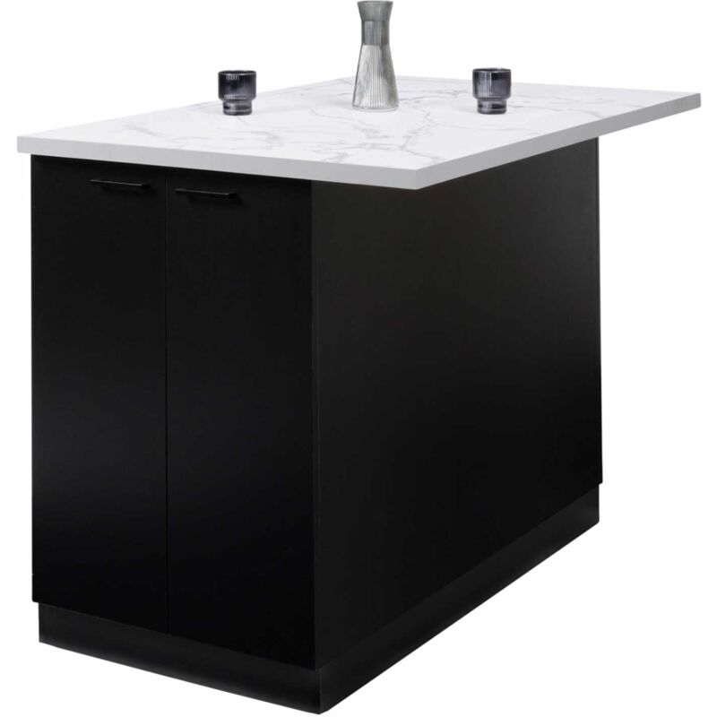 Ilot central ivo 120 cm bois noir avec plan de travail effet marbre alaska