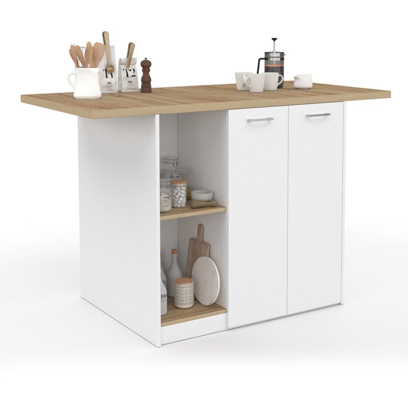 Ilot central bao 140 cm 4 personnes bois blanc avec plan de travail façon hêtre