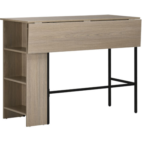 Ilot central bar table plateau latéral rabattable 3 étagères 120x76x91,4 cm gris clair