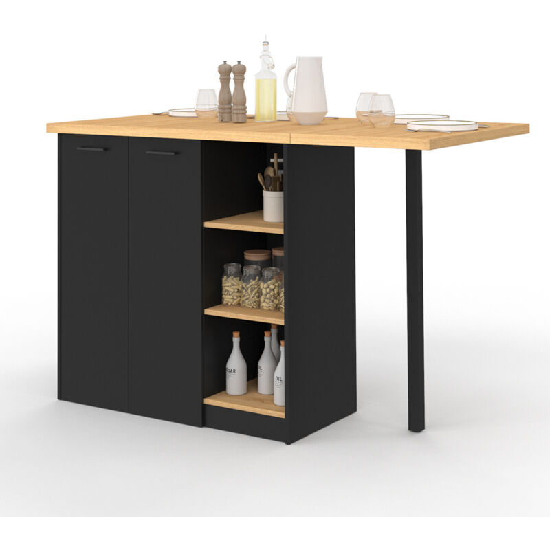Idmarket - Ilot central cesar 140 cm bois noir avec plan de travail façon hêtre