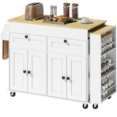 îlot central cuisine avec plateau extensible. desserte de cuisine sur roulettes avec 2 tiroirs. 4 portes. blanc