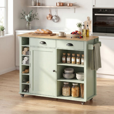 Îlot central cuisine avec plateau pliant, desserte de cuisine sur roulettes avec 2 tiroirs, porte-serviettes, vert