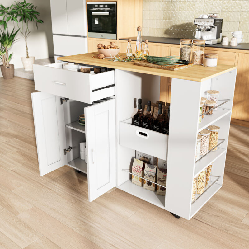 îlot Central Cuisine avec Rangement et Plan de Travail – Meuble de Cuisine Pratique et Mobile avec Plateau en Bois de Chêne, Étagères Ouvertes et