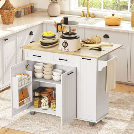 Îlot central cuisine mobile avec prise de courant et port USB. tablette à abattant. étagère réglable blanc