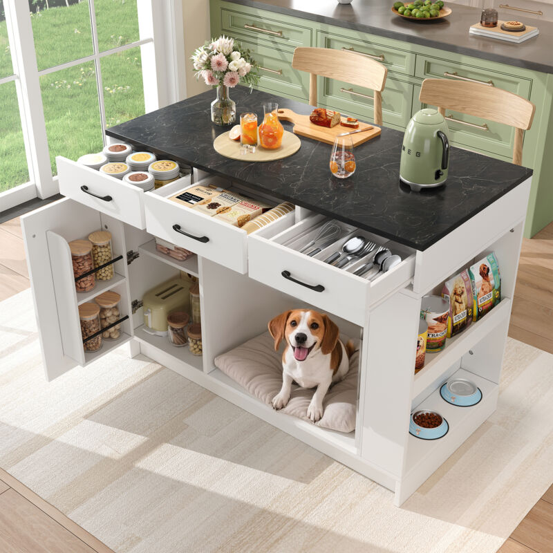 îlot central de cuisine 120x60x90 cm - 3 tiroirs et 1 porte - étagères ouvertes - espace pour animaux - blanc+noir
