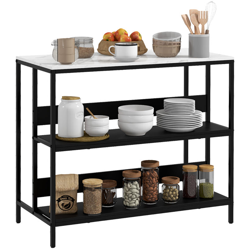 Homcom - lot central de cuisine - 2 étagères, plateau - dim. 100L x 50l x 90H cm - châssis acier panneaux noirs plateau aspect marbre blanc