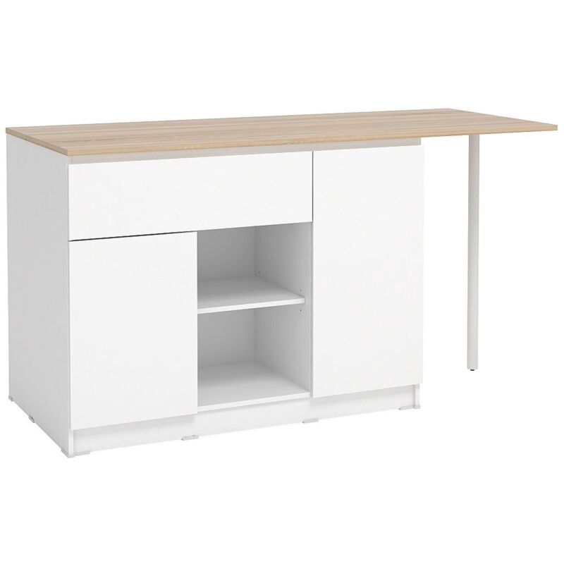 Vente-unique - Ilot central de cuisine avec 2 portes, 1 tiroir et 2 niches - Blanc et naturel - tunori