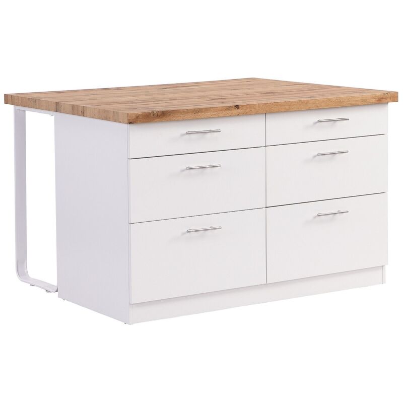 Vente-unique - Ilot central de cuisine avec 6 tiroirs en mdf et métal - Blanc et Naturel clair - alegrita