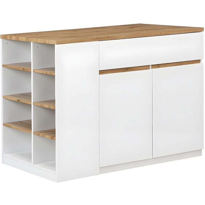 Vente-unique - Ilot central de cuisine avec rangements - Blanc et Naturel - meili
