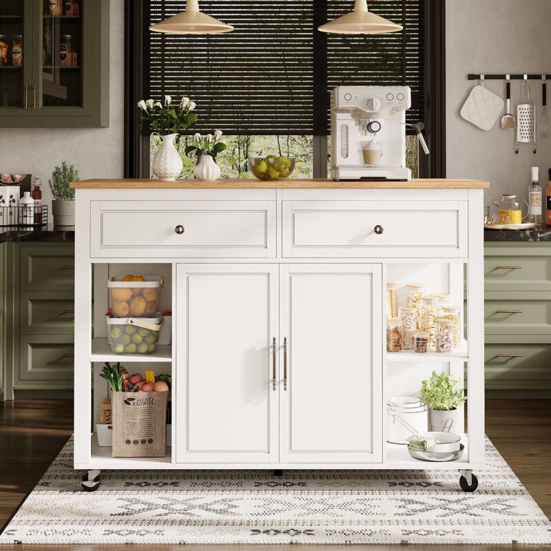 Îlot central de cuisine mobile - avec roulettes - 120x82x92cm - 2 portes et 2 tiroirs - étagères ouvertes - Desserte de cuisine - MDF - Noir