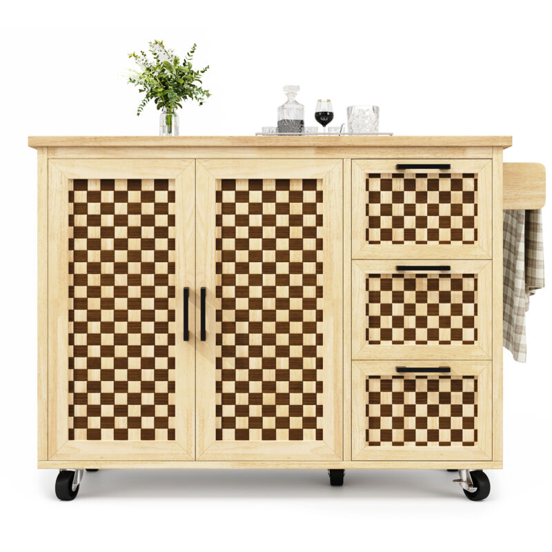 Îlot central de cuisine mobile - Plateau extensible - 120x75x92cm - 3 portes - étagères ouvertes - avec porte-serviettes - MDF - mosaïque - Naturel