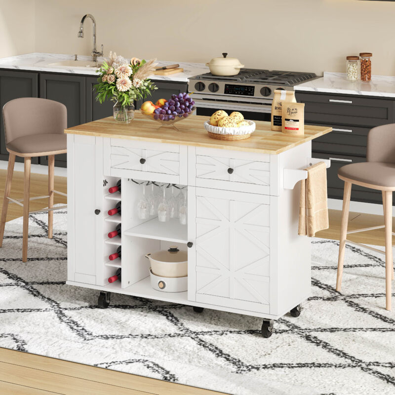Ilot central de cuisine mobile - Plateau extensible - Avec casier à vin et porte-serviettes - 2 tiroirs et 2 portes - MDF - Blanc