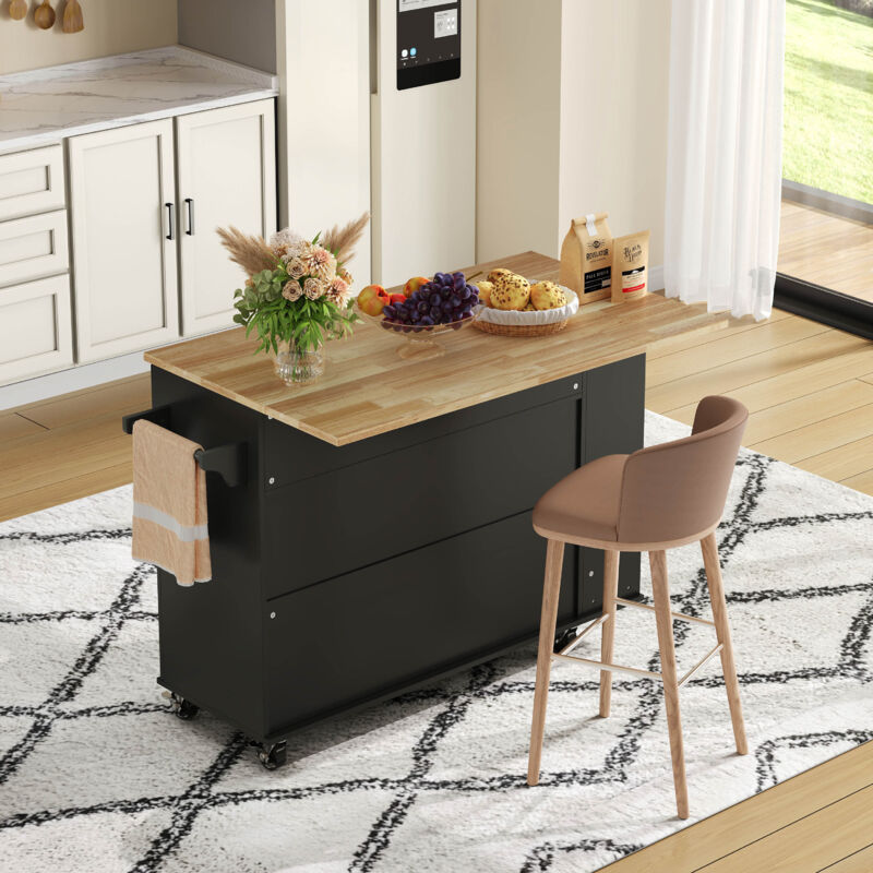 Ilot central de cuisine mobile - Plateau extensible - Avec casier à vin et porte-serviettes - 2 tiroirs et 2 portes - MDF - Noir